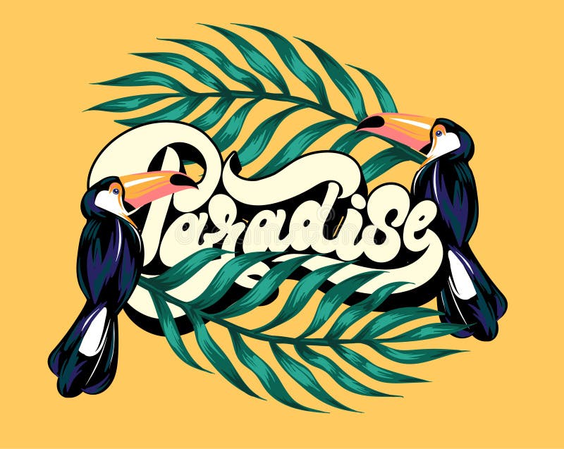 Рай Vector плакат с иллюстрацией нарисованной рукой листьев toucan и ладони иллюстрация штока Рай Vector плакат с иллюстрацией нарисованной рукой листьев toucan и ладони иллюстрация штока