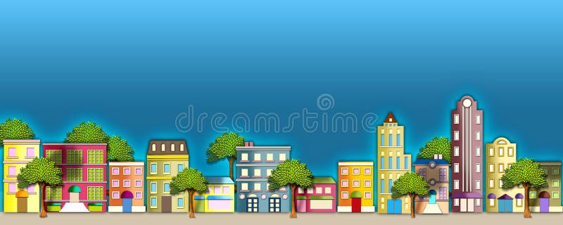 A colorful illustration of a quaint street scene with apartment houses & beautiful trees. A colorful illustration of a quaint street scene with apartment houses & beautiful trees