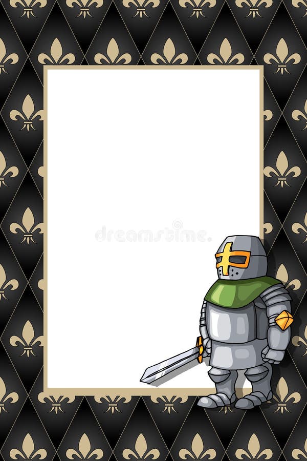 Горизонтальная рамка с рыцарем со шпагой и экраном на средневековой .
