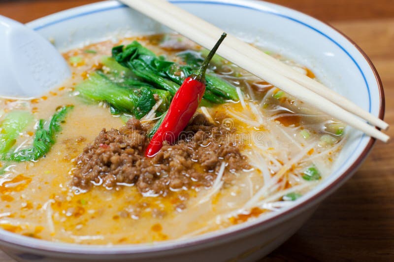 Ramen, a noodle in sesame soup with spicy ground pork. Ramen, a noodle in sesame soup with spicy ground pork