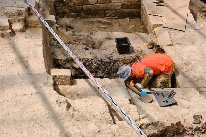 The archaeologist conducting excavations on the territory of the Kremlin - Moscow, Russia, June 21 2019. The archaeologist conducting excavations on the territory of the Kremlin - Moscow, Russia, June 21 2019.