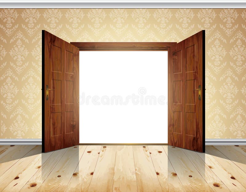 Open massive wooden big double door; wallpaper with decorative white moldings - vector background. Open massive wooden big double door; wallpaper with decorative white moldings - vector background