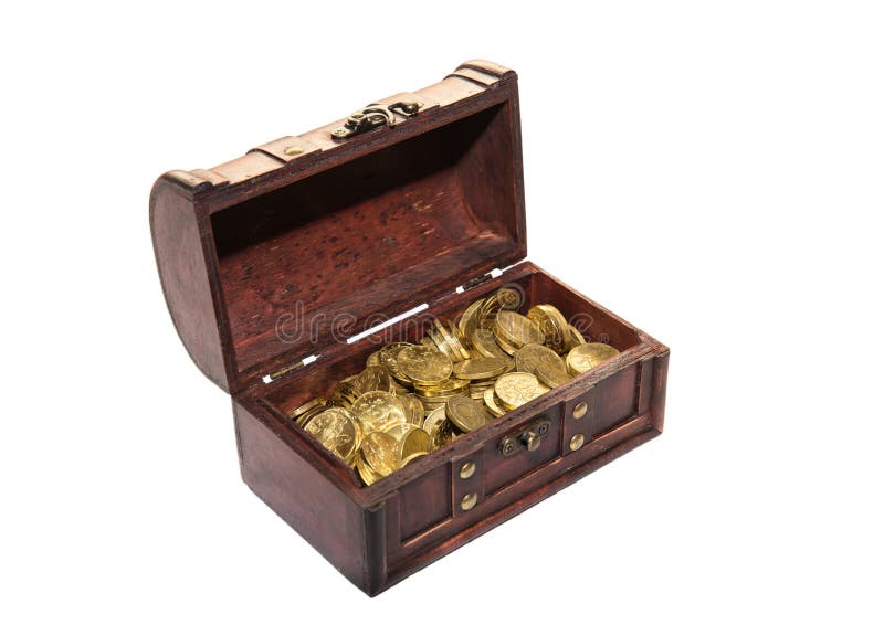 Open chest full of gold coins on a white background. Open chest full of gold coins on a white background