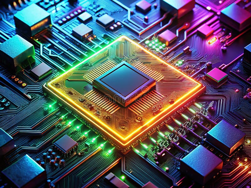 Раскрывая внутренний блеск светящегося компьютера, Chip A Stunning CloseUp in Low Light Illusioning the Future иллюстрация вектора