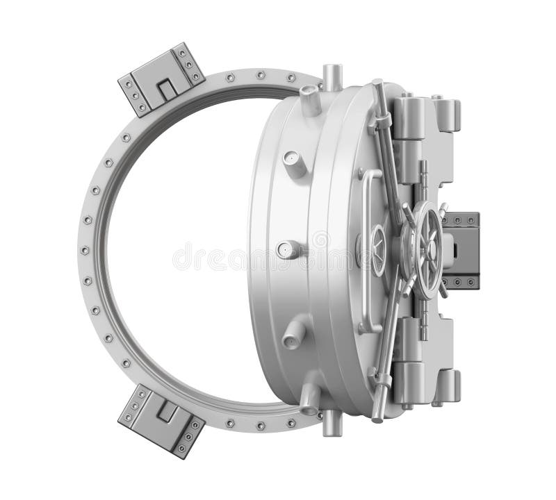 Opened Bank Vault Door isolated on white background. 3D render. Opened Bank Vault Door isolated on white background. 3D render