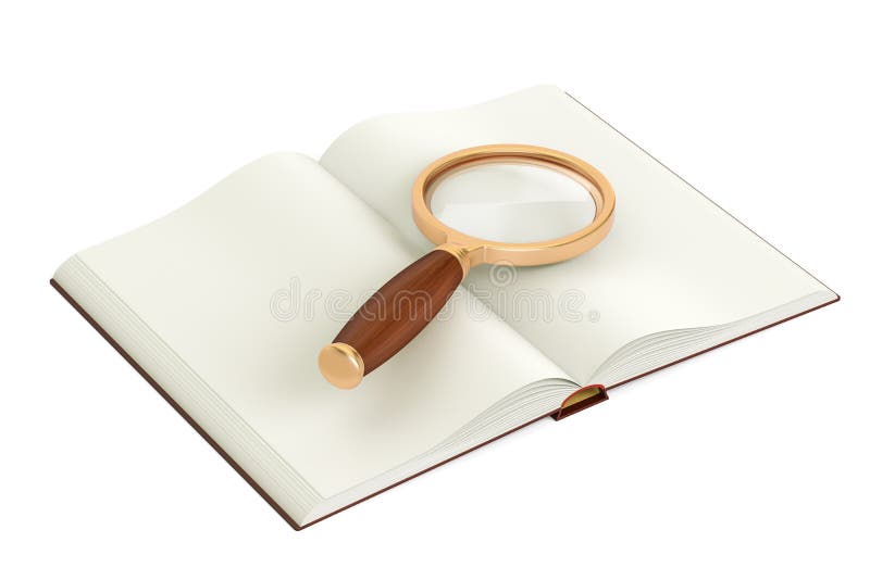Раскрытая пустая книга с увеличителем, переводом 3D иллюстрация вектора Раскрытая пустая книга с увеличителем, переводом 3D иллюстрация вектора