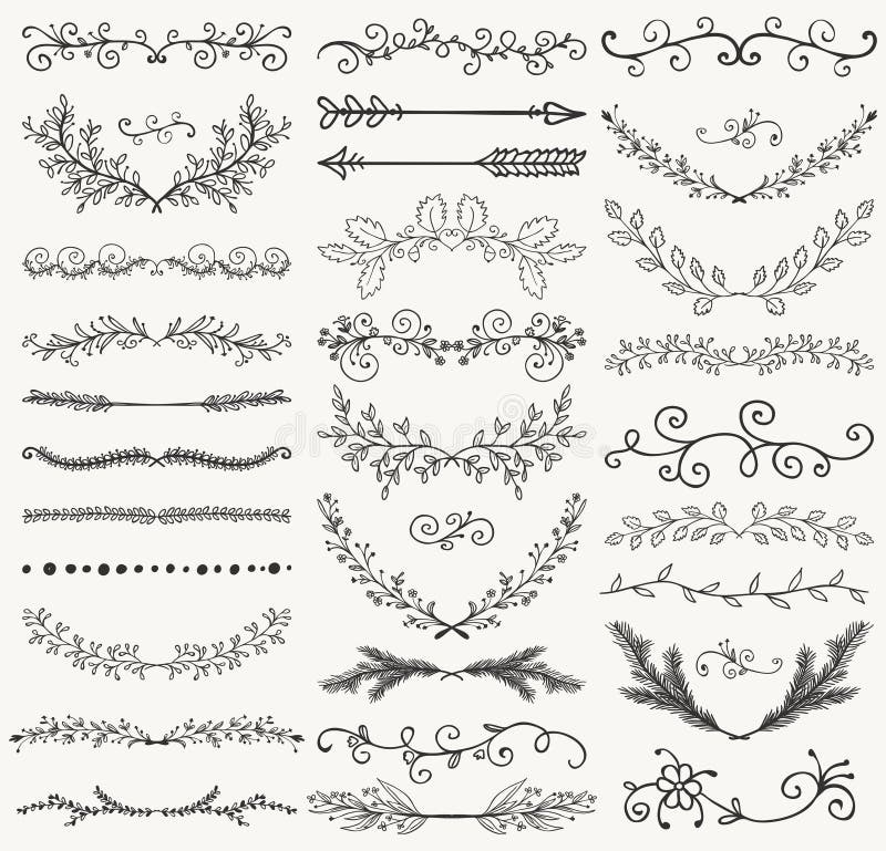 Set of Hand Drawn Black Doodle Design Elements. Decorative Floral Dividers, Arrows, Swirls, Laurels and Branches. Vintage Vector Illustration. Pattern Brushes. Set of Hand Drawn Black Doodle Design Elements. Decorative Floral Dividers, Arrows, Swirls, Laurels and Branches. Vintage Vector Illustration. Pattern Brushes