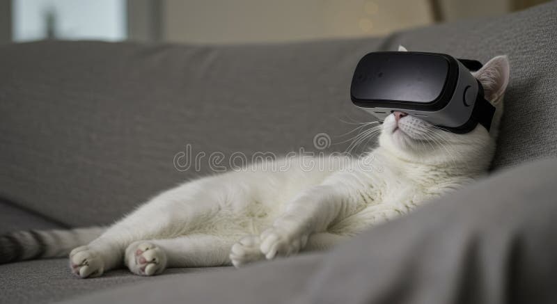 Расслабляющий белый кот в VR-гарнитуре на сером диване иллюстрация вектора