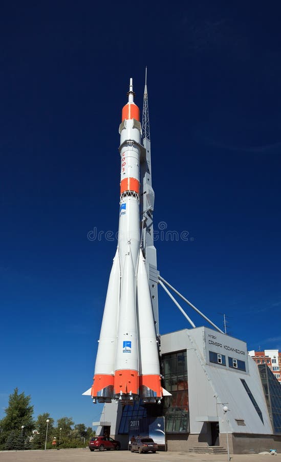 SAMARA, RUSSIA - SEPTEMBER 1: Real Soyuz spacecraft as monument on September 1, 2011 in Samara. Soyuz launch vehicle is the most frequently used launch vehicle in the world. The monument was unveiled on 2001. SAMARA, RUSSIA - SEPTEMBER 1: Real Soyuz spacecraft as monument on September 1, 2011 in Samara. Soyuz launch vehicle is the most frequently used launch vehicle in the world. The monument was unveiled on 2001