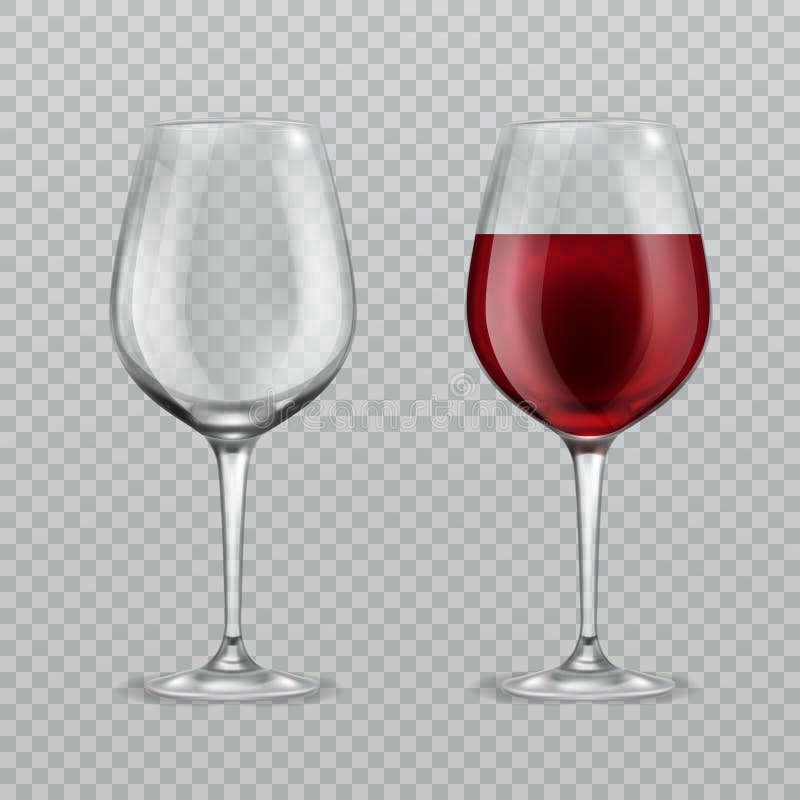 Realistic wineglass. Empty and with red wine wineglasses isolated glassware vector illustration on transparent background. Realistic wineglass. Empty and with red wine wineglasses isolated glassware vector illustration on transparent background