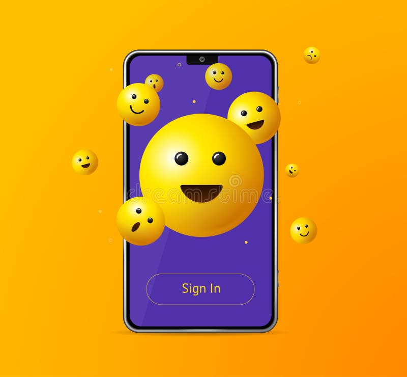 Реалистичные подробные 3d подписали в мобильном телефоне желтым приложения emoji улыбки. Вектор иллюстрация штока
