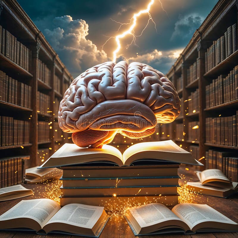 Реалистичный анатомически подробный мозг на стопке книг с запутанным дизайном иллюстрация вектора
