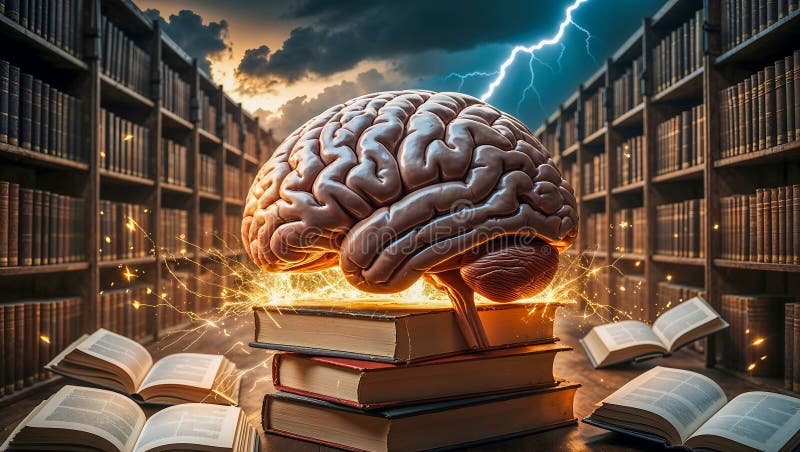 Реалистичный анатомически подробный мозг на стопке книг с запутанным дизайном иллюстрация вектора