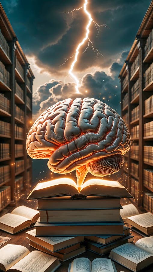 Реалистичный анатомически подробный мозг на стопке книг с запутанным дизайном бесплатная иллюстрация