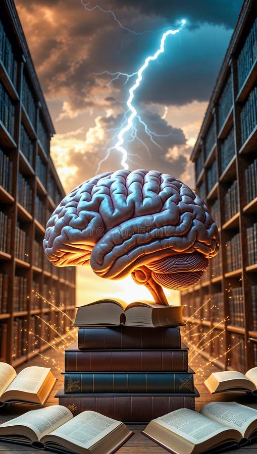 Реалистичный анатомически подробный мозг на стопке книг с запутанным дизайном иллюстрация штока