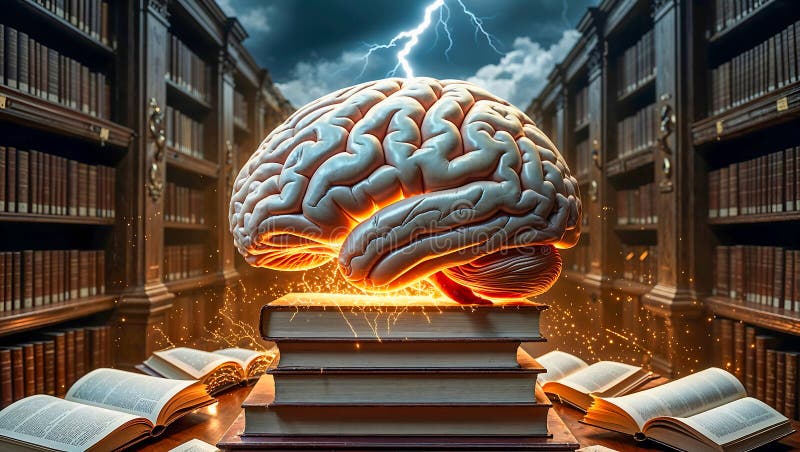 Реалистичный анатомически подробный мозг на стопке книг с запутанным дизайном иллюстрация вектора