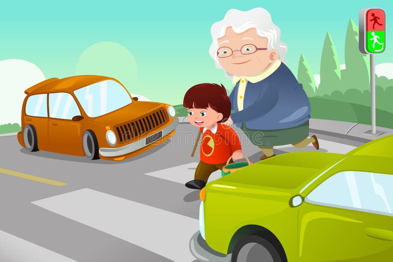 A vector illustration of kid helping senior lady crossing the street. A vector illustration of kid helping senior lady crossing the street