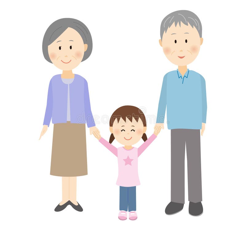 Illustration of a child holding hands with grandpa and grandma. Illustration of a child holding hands with grandpa and grandma