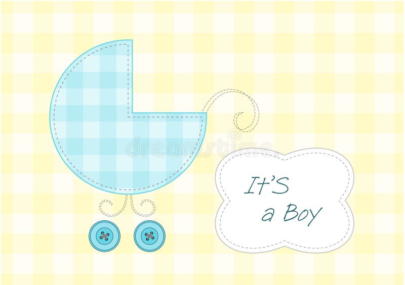 Baby boy arrival announcement, stylized pram and text frame. Baby boy arrival announcement, stylized pram and text frame