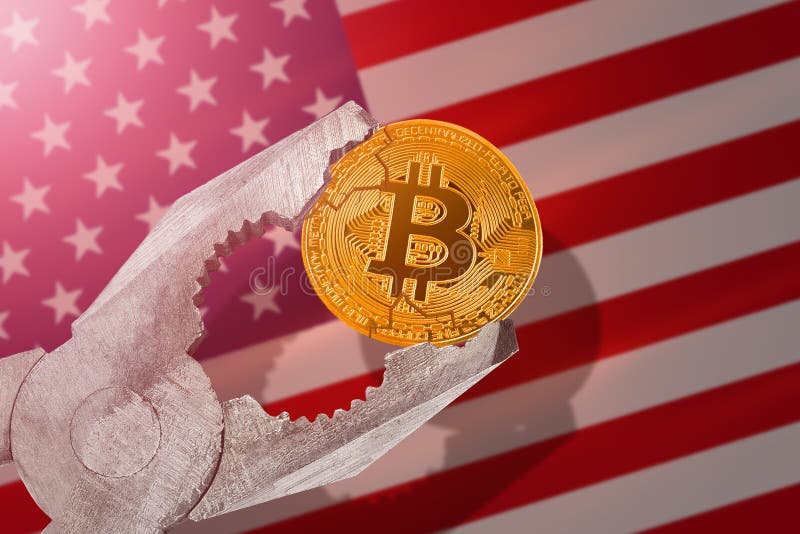 Bitcoin regulation in USA; bitcoin btc coin being squeezed in vice on United States flag background; limitation, prohibition, illegally, banned. Bitcoin regulation in USA; bitcoin btc coin being squeezed in vice on United States flag background; limitation, prohibition, illegally, banned