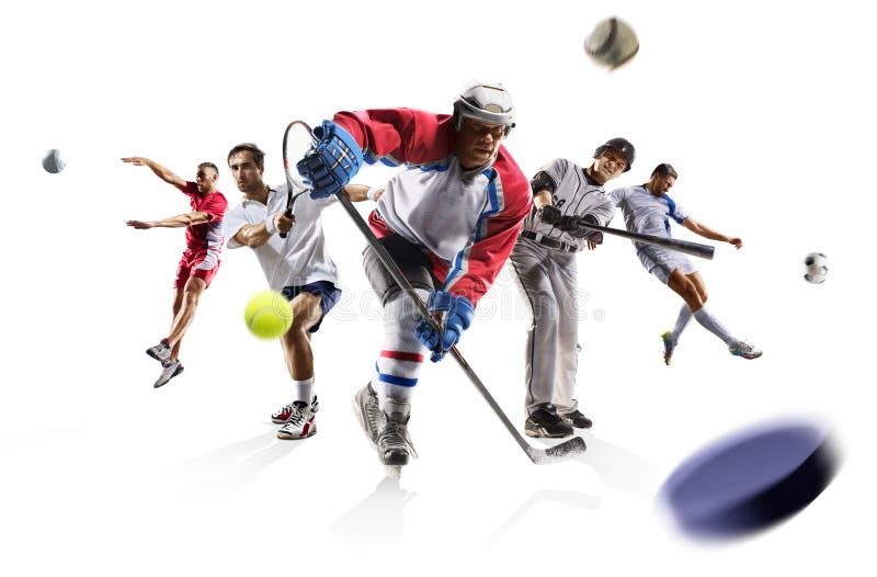 Multi sport collage professional tennis ice hockey soccer volleyball football players isolated on white. Multi sport collage professional tennis ice hockey soccer volleyball football players isolated on white