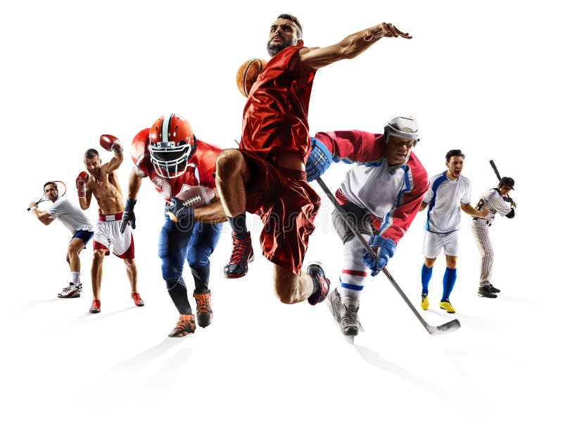 Multi sport collage professional boxing tennis ice hockey soccer american football l bascketball players isolated on white. Multi sport collage professional boxing tennis ice hockey soccer american football l bascketball players isolated on white