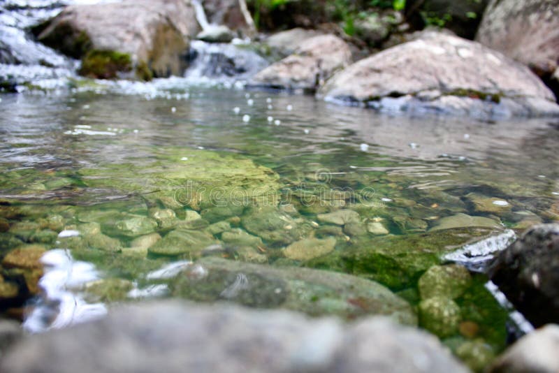 Река горы небольшой водопад на реке с кристально чистой водой, которая течет среди серых камней в лесу на стоковые фото