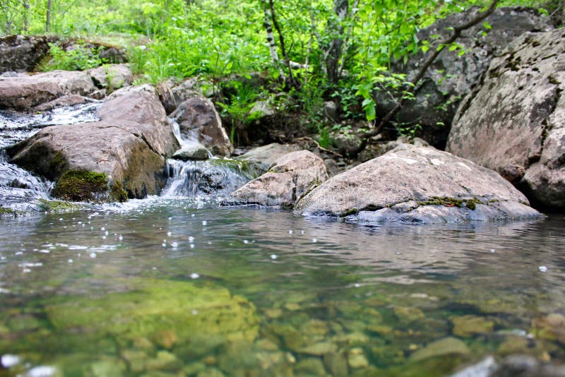 Река горы небольшой водопад на реке с кристально чистой водой, которая течет среди серых камней в лесу на стоковые изображения