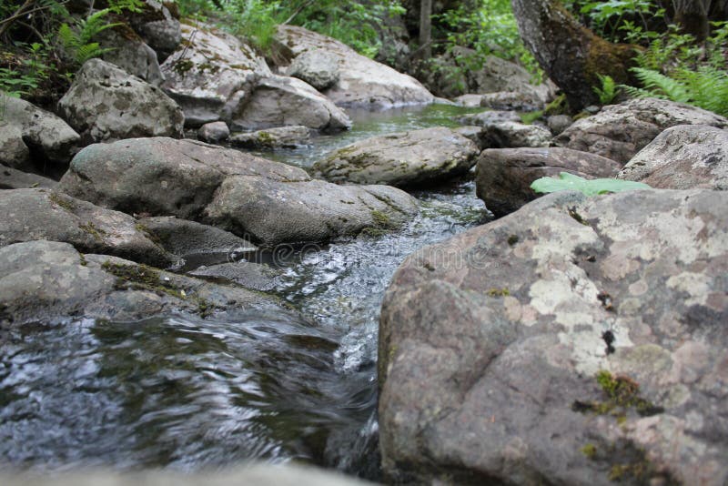 Река горы небольшой водопад на реке с кристально чистой водой, которая течет среди серых камней в лесу на стоковое изображение rf
