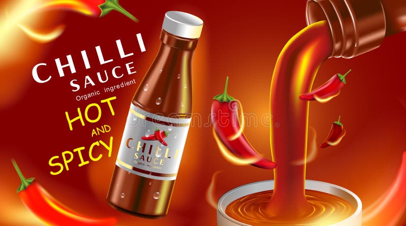 Реклама продукта острого соуса chilli и перец чили в виде огня с поджечь воздействием огня на черном фоне, иллюстрации 3d иллюстрация вектора