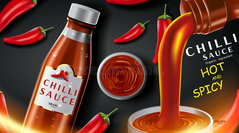 Реклама продукта острого соуса chilli и перец чили в виде огня с поджечь воздействием огня на черной иллюстрации фона 3d иллюстрация штока