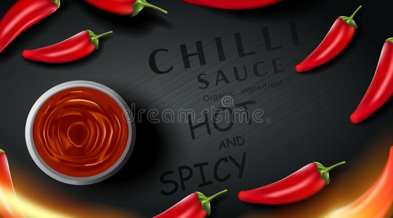 Реклама продукта острого соуса chilli и перец чили в виде огня с поджечь воздействием огня на черной иллюстрации фона 3d иллюстрация вектора