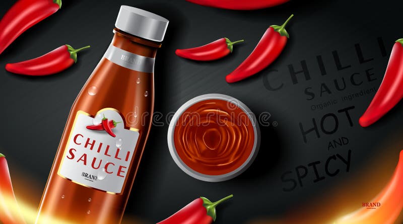 Реклама продукта острого соуса chilli и перец чили в виде огня с поджечь воздействием огня на черной иллюстрации фона 3d иллюстрация штока