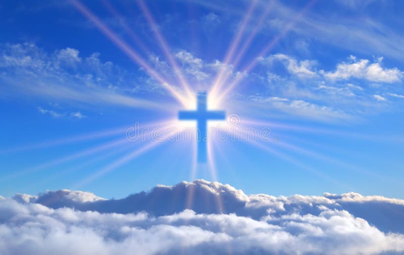 Religious cross over cumulus clouds illuminated by the rays of holy radiance, concept. Religious cross over cumulus clouds illuminated by the rays of holy radiance, concept