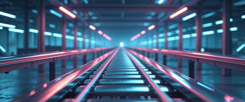 Ремень футуристического промышленного конвейера в складском помещении Neon Lit. стоковое фото
