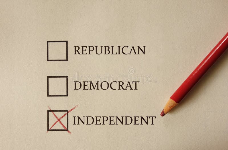 Paper vote political party form with Democrat, Republican with Independent selected. Paper vote political party form with Democrat, Republican with Independent selected