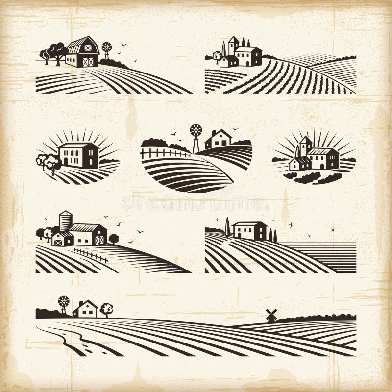 A set of retro landscapes in woodcut style. Editable EPS10 vector illustration with clipping mask. A set of retro landscapes in woodcut style. Editable EPS10 vector illustration with clipping mask.