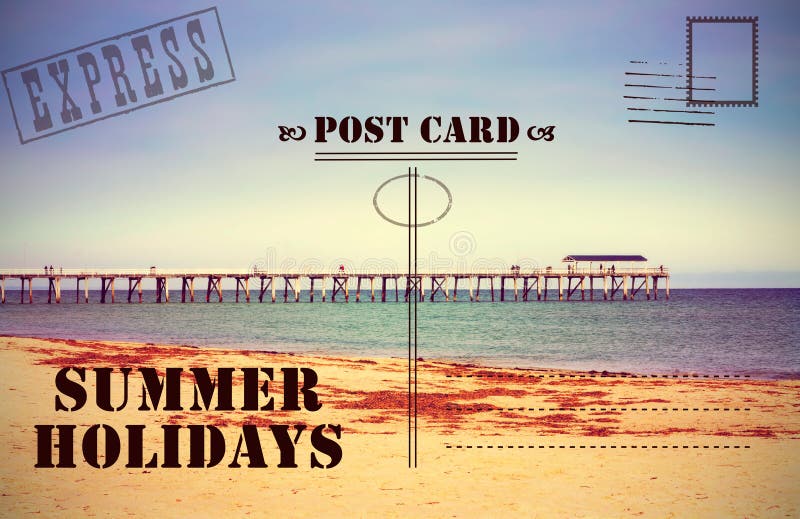 Retro vintage filter style old faded Summer Holidays Vacation postcard with jetty pier boardwalk on calm ocean beach. Retro vintage filter style old faded Summer Holidays Vacation postcard with jetty pier boardwalk on calm ocean beach.