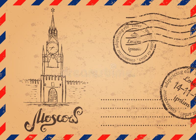 Retro envelope with stamps, Kremlin, lettering Moscow. Retro envelope with stamps, Kremlin, lettering Moscow