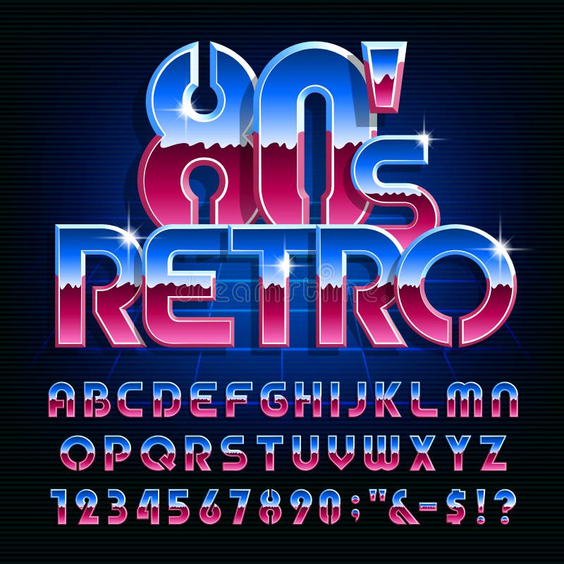Ретро шрифт алфавита 80s Красочные сияющие письма и номера бесплатная иллюстрация