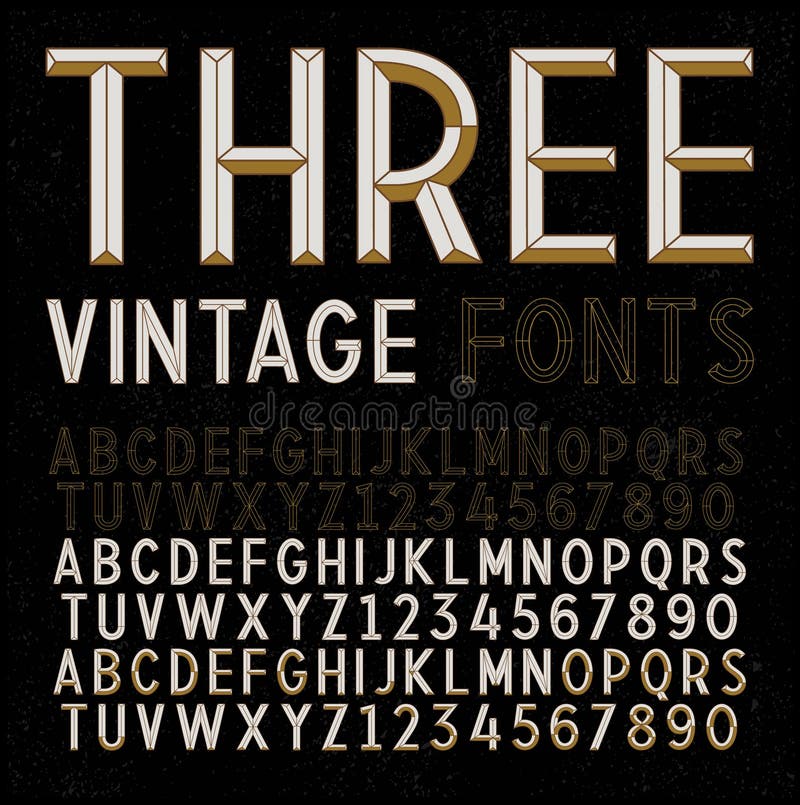 Three Retro Fonts. Vector gold vintage alphabets. Three Retro Fonts. Vector gold vintage alphabets