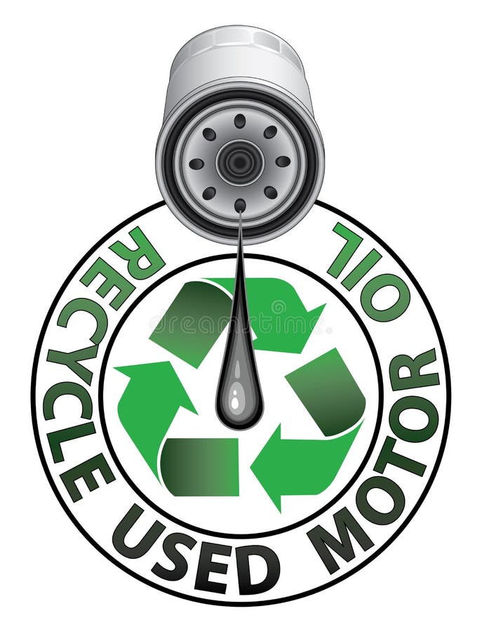 Illustration of a recycle symbol in green an oil filter dripping oil and the words Recycle Used Motor Oil. Illustration of a recycle symbol in green an oil filter dripping oil and the words Recycle Used Motor Oil.