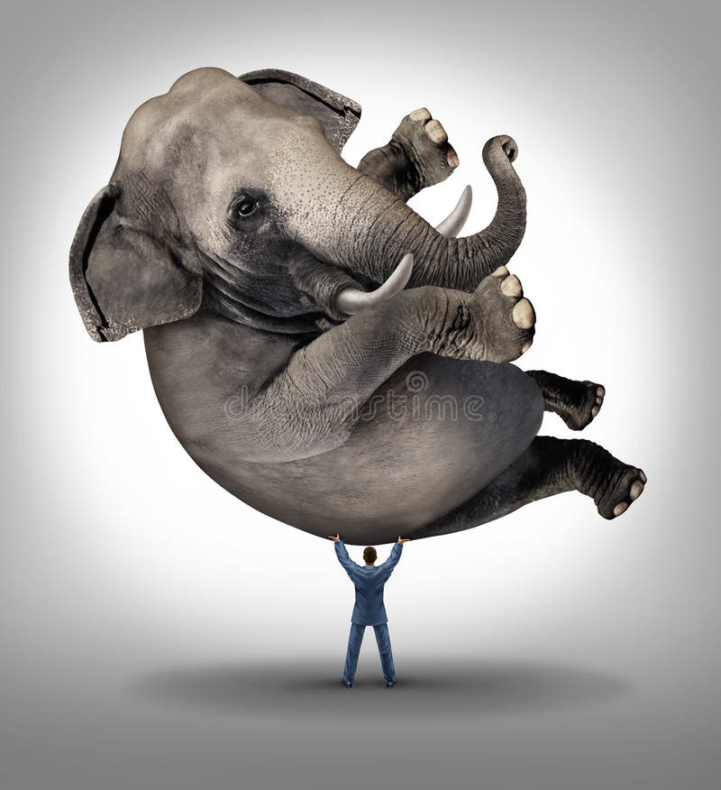 Leadership solutions business concept with a take charge businessman lifting a huge elephant as a symbol of a strong leader with courage and determination to release the power within and achieve what is impossible. Leadership solutions business concept with a take charge businessman lifting a huge elephant as a symbol of a strong leader with courage and determination to release the power within and achieve what is impossible.