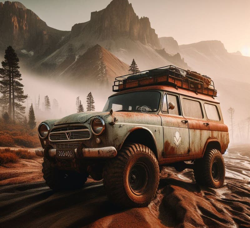 ржавая грязь на бездорожье 4x4 поднят винтажный кемпер конверсия джип высадка на горных дорогах бесплатная иллюстрация
