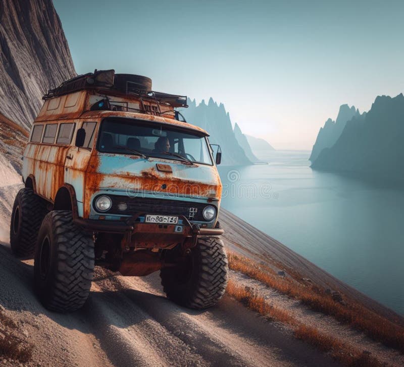 ржавая грязь на бездорожье 4x4 поднят винтажный кемпер конверсия джип высадка на горных дорогах иллюстрация штока