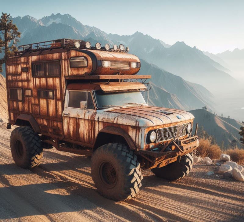 ржавая грязь на бездорожье 4x4 поднят винтажный кемпер конверсия джип высадка на горных дорогах иллюстрация штока