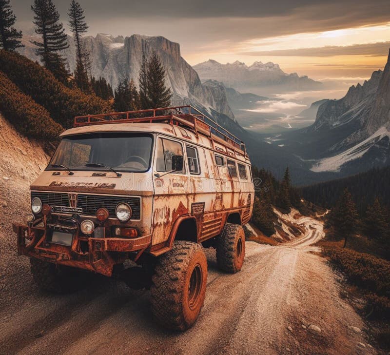 ржавая грязь на бездорожье 4x4 поднят винтажный кемпер конверсия джип высадка на горных дорогах иллюстрация вектора