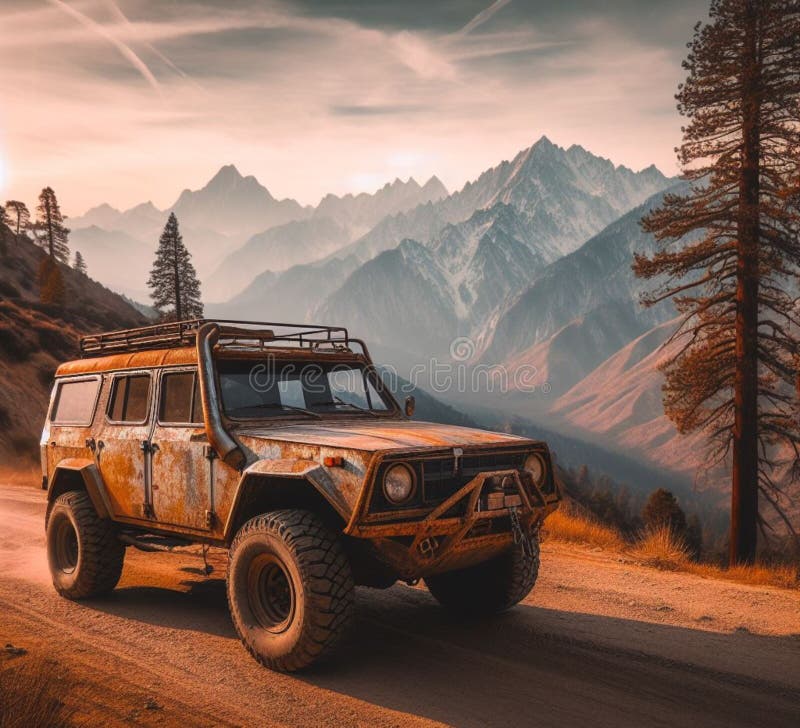 ржавая грязь на бездорожье 4x4 поднят винтажный кемпер конверсия джип высадка на горных дорогах иллюстрация штока