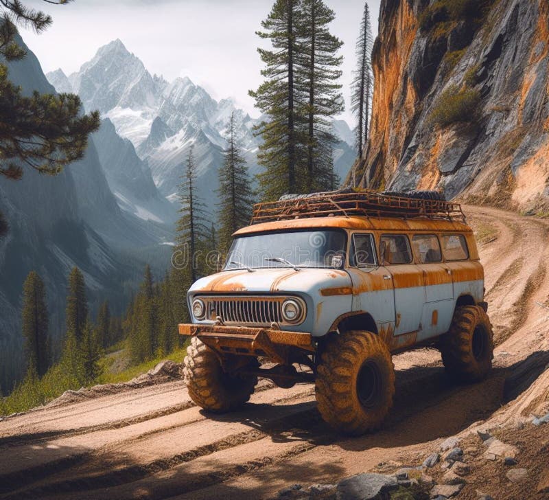 ржавая грязь на бездорожье 4x4 поднят винтажный кемпер конверсия джип высадка на горных дорогах иллюстрация штока