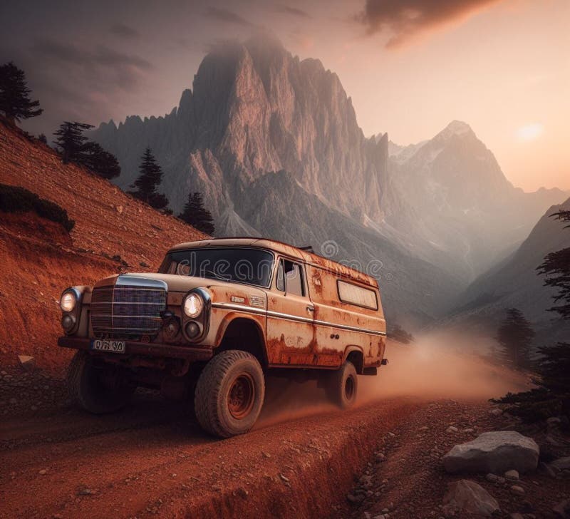 ржавая грязь на бездорожье 4x4 поднят винтажный кемпер конверсия джип высадка на горных дорогах бесплатная иллюстрация